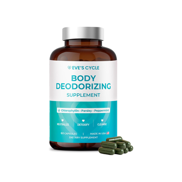 Eve's Cycle Body Deodorizing Supplement bottle with fresh peppermint and parsley leaves, a natural solution for getting rid of bad breath from within.