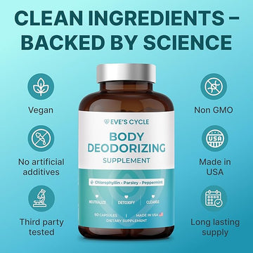 Eve's Cycle Body Deodorizing Supplement bottle, shown with fresh peppermint and parsley leaves, highlighting its natural internal deodorant ingredients like chlorophyll.