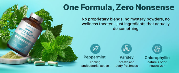 Eve's Cycle Body Deodorizing Supplement bottle surrounded by fresh parsley and peppermint, with a hint of liquid chlorophyll, emphasizing natural detox for body odor.