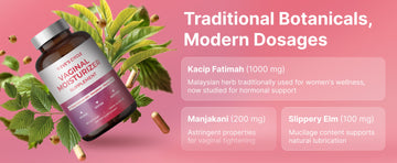 Eve's Cycle supplement bottle next to a leaf with a water droplet, symbolizing its natural support for increasing vaginal moisture.