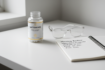  Nattokinase bottle on a desk with eyeglasses, symbolizing its support for brain health, mental clarity, and focus.