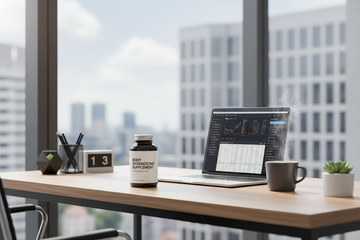 Eve's Cycle Body Deodorizing Supplement on a professional desk, a natural solution for stopping stress sweat odor in high-pressure situations.