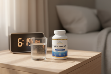  Nattokinase bottle on a nightstand with a glass of water, showing the best time to take the supplement for cardiovascular health.