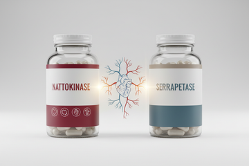  Nattokinase bottle in a comparison with Serrapeptase, highlighting its specialized benefits for heart health and circulation.