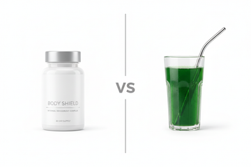 Eve's Cycle Chlorophyll Capsules bottle shown next to a glass of liquid chlorophyll water, comparing the benefits of capsules vs. liquid