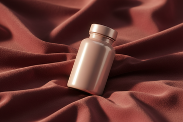 supplement bottle on a soft silk fabric, representing a natural way to boost female libido and support intimate wellness.
