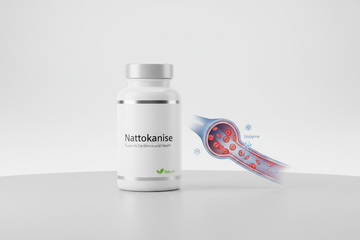  Nattokinase 4000 FU bottle shown next to a graphic of a healthy blood vessel, representing its use as a natural blood thinner for cardiovascular support.